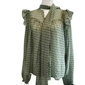 POET BLOUSE LONG SLEEVE 1/4 BUTTON RUFFLE BLOUSE TILE PATTERN Sz. Small